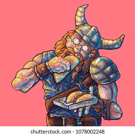 Hand drawn and digital colored illustration of a viking eating Tacos al Pastor.