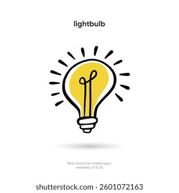 Hand drawn digital drawing lamp icon, light bulb symbol isolated on white background. Idea, tip, concept icon