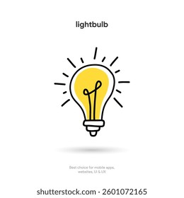 Hand drawn digital drawing lamp icon, light bulb symbol isolated on white background. Idea, tip, concept icon