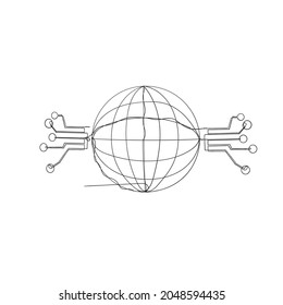 Hand Drawn Digital Globe Illustration Vector With Continuous Line Art Style