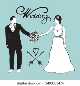 Hand drawn digital illustration of bride and groom holding hands. Wedding illustration