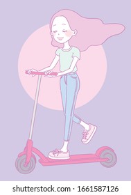 Dibujo digital hecho a mano de una linda joven montando una moto. 