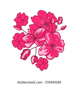 Hand drawn digital paint. Pink Sakura flowers. Bouquet for lovers. Can be used for wedding design. Vector illustration