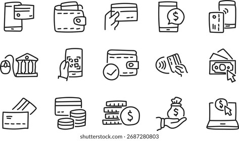 Conjunto de iconos de pago digital dibujado a mano: símbolos de croquis de banca, finanzas y transferencia de dinero