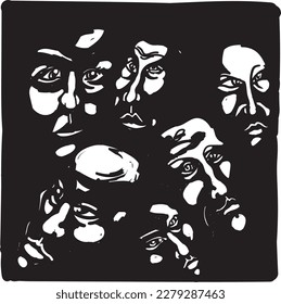 Hand drawn digital sketch faces vector freehand abstract black and white heads background illustration