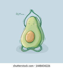 Hand drawn digital vector illustration of a cute green meditative avocado character that seat in yoga position.