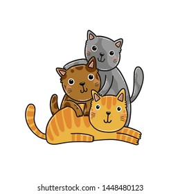 Hand drawn digital vector illustration of the three cute cat with big eyes.
