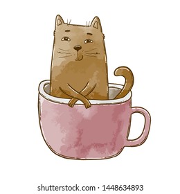  Hand drawn digital vector illustration of a coloring page of a cute cat inside the big cup.