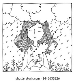 Hand drawn digital vector illustration of a coloring page of a cute dreamy girl with a cup on hands surrounded by clouds.