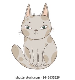 Hand drawn digital vector illustration of a cute cat with big green eyes.
