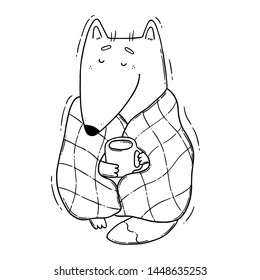  Hand drawn digital vector illustration of a coloring page of a cute and cozy fox in plaid and cup of tea.