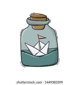 Hand drawn digital vector illustration of a glass bottle with a paper boat and a red pennant inside.
