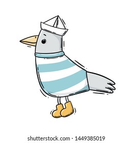 Hand drawn digital vector illustration of a cute seagull dressed in a striped shirt, a paper hat, and yellow boots