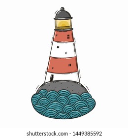 Hand drawn digital vector illustration of a tall white and red lighthouse on the dark grey ground and blue waves.