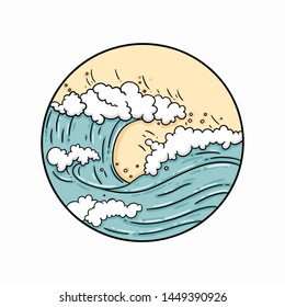 Hand drawn digital vector illustration of a circular design of a blue waves on the yellow background.