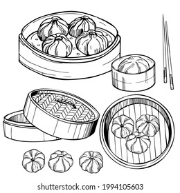 Juego de dim sum dibujado a mano. Ilustración de esbozo del vector.