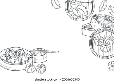 Hand drawn dim sum set. Vector background. Sketch  illustration