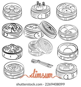 Hand drawn dim sum set. Vector background illustration.