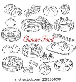 Juego de dim sum dibujado a mano. Ilustración de fondo del vector.