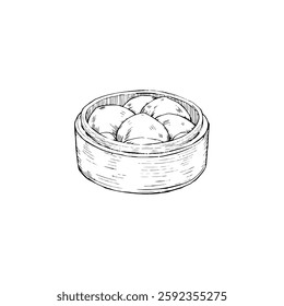 Hand drawn dim sum vintage illustration. Engraving style black and white on white backgrounds. Vector