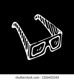 Hand drawn dimensional glasses doodle icon. Hand drawn black sketch. Sign symbol. Decoration element. Black background. Isolated. Flat design. Vector illustration.