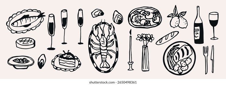 Hand drawn dinner collection. Wine and food illustration
