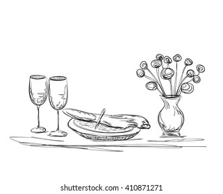 Hand Drawn dinner. Flowers and dishes. Romantic dinner