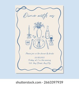 Hand drawn dinner invitation template. Vector illustration blue hand drawn dinner invitation with table settings and ribbon frame