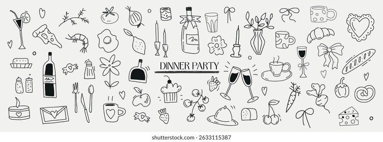 Conjunto de doodle de festa de jantar desenhado à mão com comida, bebidas, flores, vinho, velas, louças e elementos românticos isolados no fundo branco para convites e cartões de felicitações