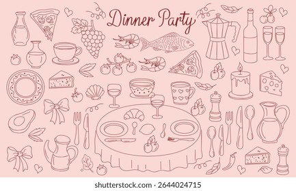 Hand Drawn Dinner Party Elements Set Food, Drinks, Cutlery, and Table Decor Outline Vector Doodle drawings of italian and french food