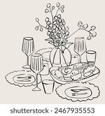 Hand drawn dinner table. Illustration for invitation, stationery or branding. Dinner icon for party invitation