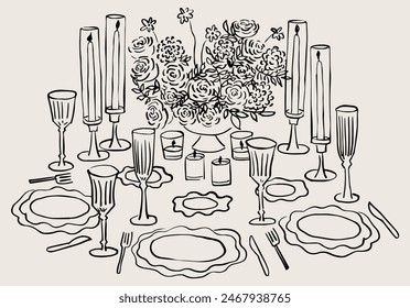 Hand drawn dinner table. Illustration for invitation, stationery or branding. Dinner icon for party invitation