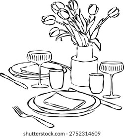 Hand drawn dinner table with tulips, glasses, and plates. Illustration for invitations, stationery, or branding. Dinner icon for party invitations.
