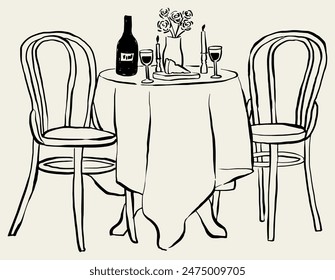 Hand drawn dinner table vector illustration. Tablescape for invitation, stationery or branding. Dinner icon for party invitation