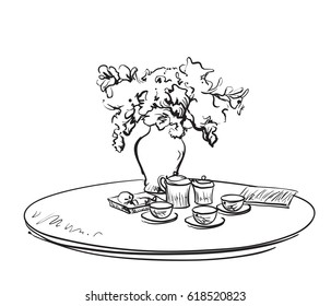 Hand Drawn dinner tea wares. Romantic breakfast