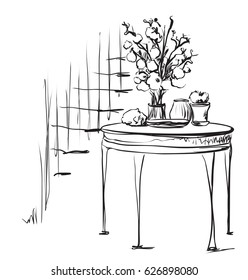 Hand Drawn dinner tea wares. Romantic breakfast