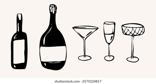 Hand drawn dinner vector set with bottles and glasses. illustration in a sketch whimsical line art style. bold outlines and minimal details. for menus, branding, packaging, social media, and decor