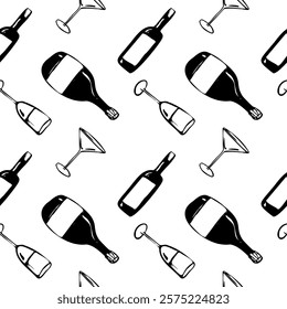 Hand drawn dinner vector set with bottles and glasses. illustration in a sketch whimsical line art style. bold outlines and minimal details. for menus, branding, packaging, social media, and decor