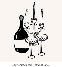 Hand drawn dinner vector with wine bottle, glasses, candles. Vintage black and white illustration in sketch whimsical line art style for menu, packaging, label, invitations, engraving projects