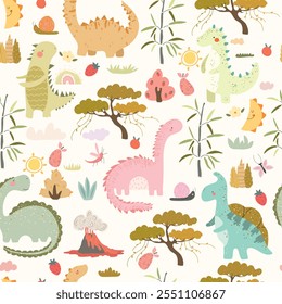 Hand drawn dino and cute cartoon nature. Seamless pattern with animal , plants, fruits, rainbows, moon and sun. Kids pattern with dino. 