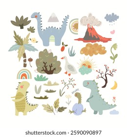 Hand drawn dino friends, plants, volcano, baby dino. Vector illustration with animals and plants.