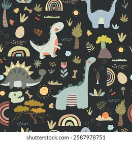 Hand drawn dino and nature, seamless pattern. Cute animals, plants, rainbows and sun. Kids pattern.