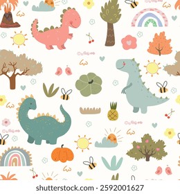 Hand drawn dino and nature, seamless pattern. Cute animals, plants, rainbows and abstract figure. Kids pattern.	
