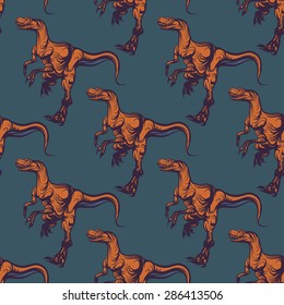 Hand drawn dino seamless pattern. Vector line art.