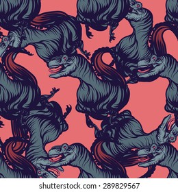 Hand drawn dino seamless pattern. Vector line art.
