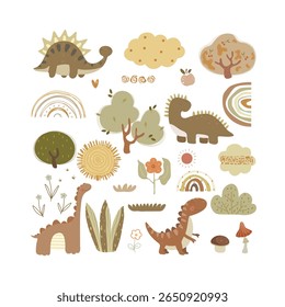 Hand drawn dino set with cartoon nature. Cute dinosaurs, bushes, plants, rainbows, sun, bees, fruits. Vector illustration with animals.