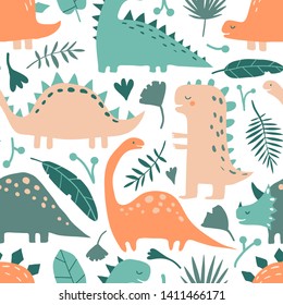 Hand drawn dinosaur animals and tropical leaves. Cute funny cartoon dino seamless pattern. Hand drawn vector texture for kids fabric, textile, nursery wallpaper. Vector childish illustration in doodle