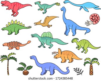 Hand drawn dinosaur cartoon illustration set