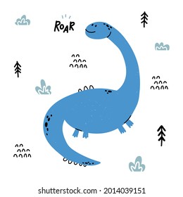 Hand drawn dinosaur. Diplodocus in cartoon scandinavian style. Cute baby animal. Dino with plants and doodles. Vector flat style children illustration. 