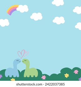 Hand drawn dinosaur with flower garden, cloud and blue sky for background, wallpaper, backdrop, banner, stickers, decoration, print, social media post, card, kids, fabric, garment, cartoon, character